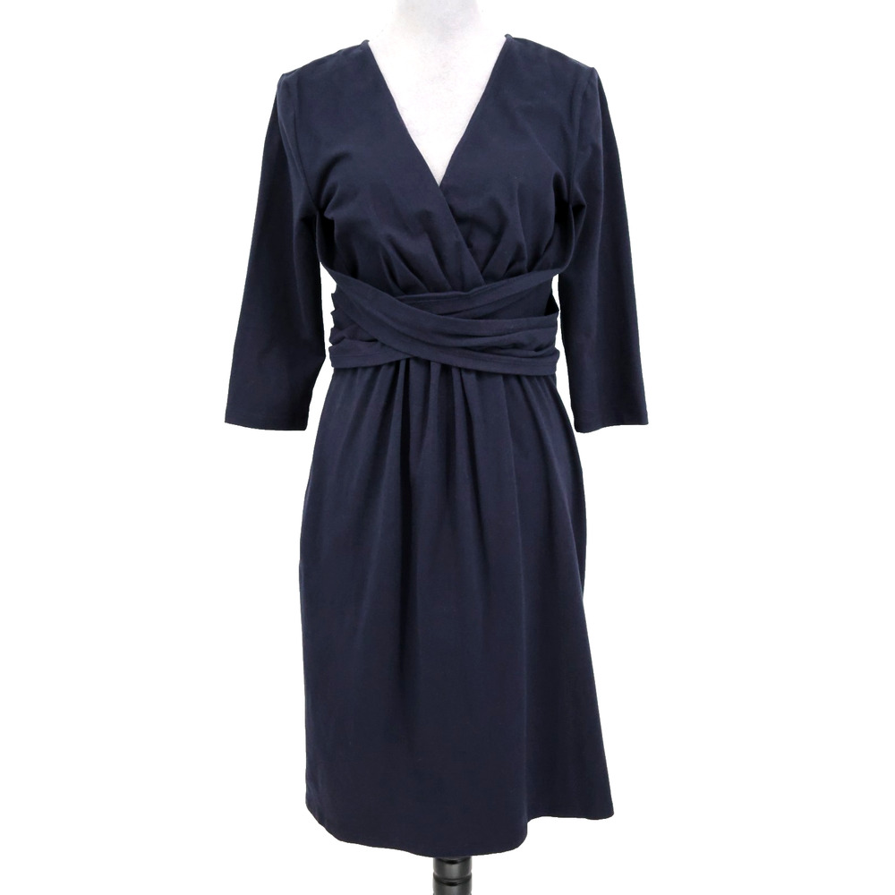 eShakti Dress Womens 12 Navy Blue Cotton Stretch Knit Zip Faux Wrap V Neck